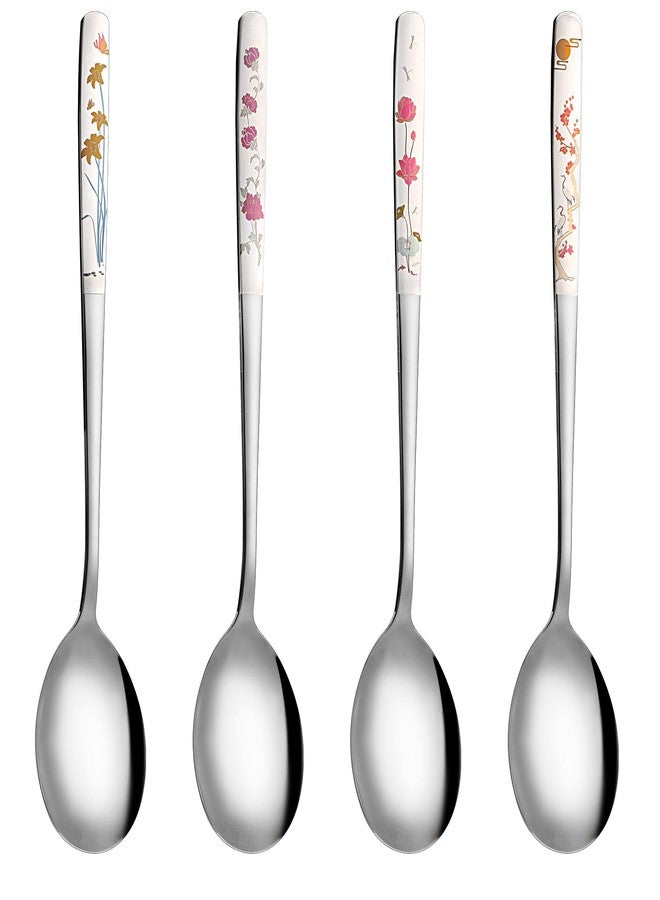 Aysatogc 4PCS Korean Spoons with Long Handles 18/8 Stainless Steel Korean Soup Spoon Flowers Asian Soup Spoon for Dinner Rice Coffee Desserts Ice Cream Dishwasher Safe(8 Inch) - Image 1
