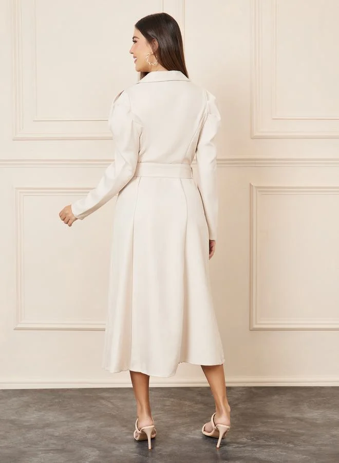 Styli Pleated Belted A-Line Shirt Midi Dress