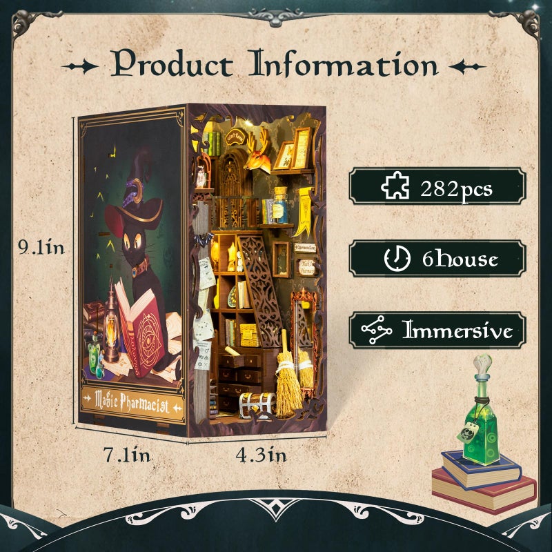 Fsolis Book Nook Kit, Booknook Kit with Dust Cover for Adult DIY Miniature House Kit 3D Wooden Puzzle Decorative Bookend Bookshelf Decor Gift for Women Teens(Magic Pharmacist) - Image 3