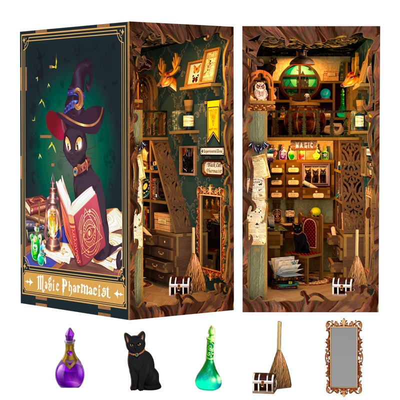 Fsolis Book Nook Kit, Booknook Kit with Dust Cover for Adult DIY Miniature House Kit 3D Wooden Puzzle Decorative Bookend Bookshelf Decor Gift for Women Teens(Magic Pharmacist) - Image 1