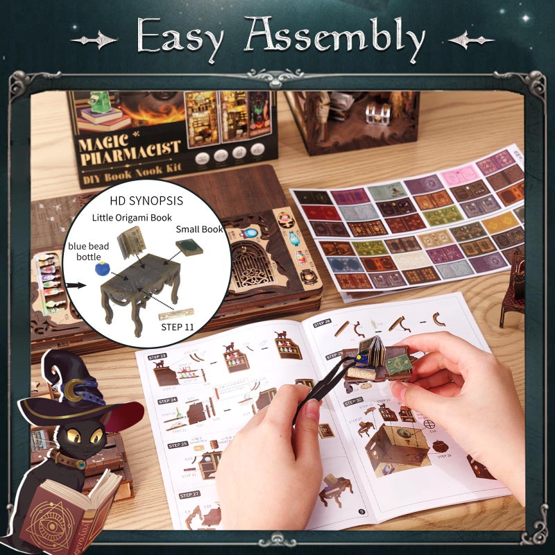 Fsolis Book Nook Kit, Booknook Kit with Dust Cover for Adult DIY Miniature House Kit 3D Wooden Puzzle Decorative Bookend Bookshelf Decor Gift for Women Teens(Magic Pharmacist) - Image 5