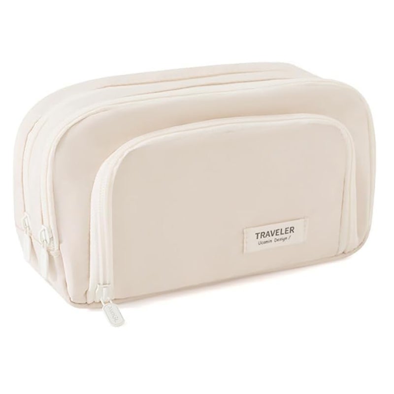 Canvas Pencil Case: Beige 3-Compartment Mesh Pocket Design - Durable High-Quality Canvas Stationery Organizer for School Office Travel - Image 1