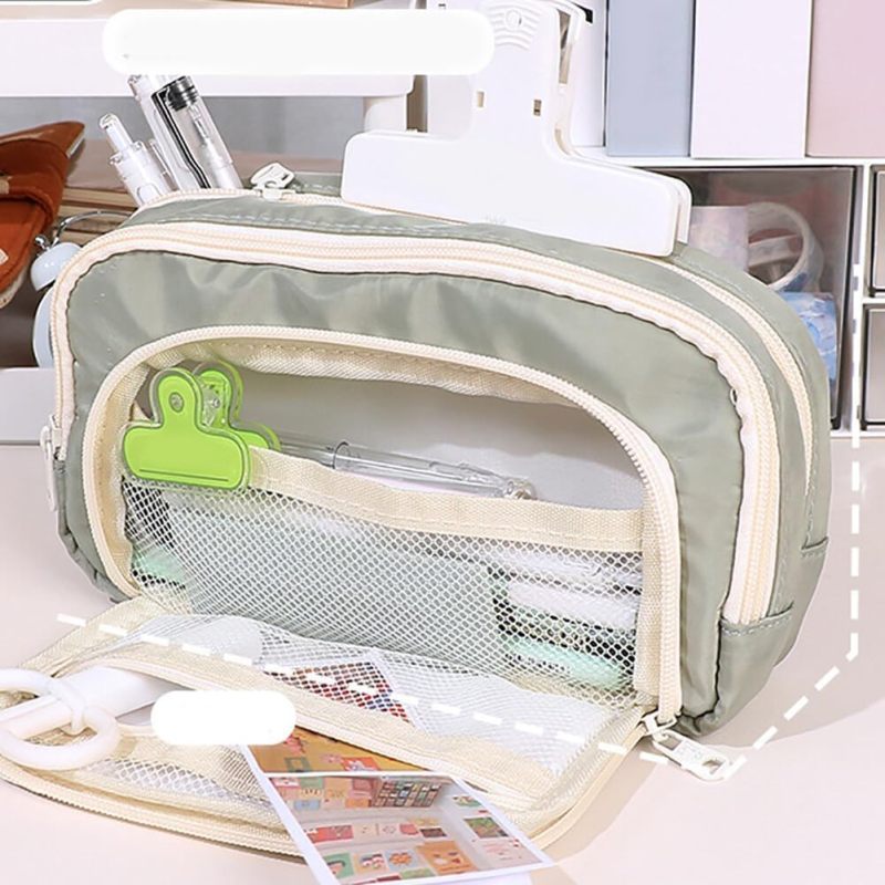 Canvas Pencil Case: Beige 3-Compartment Mesh Pocket Design - Durable High-Quality Canvas Stationery Organizer for School Office Travel - Image 5