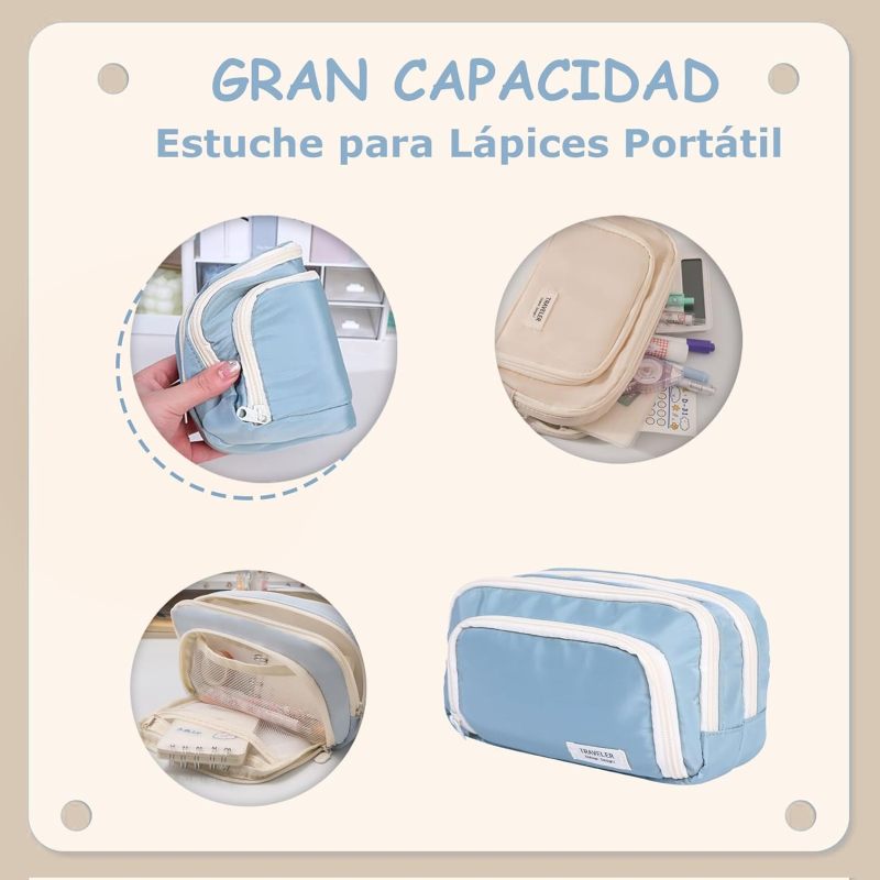 Canvas Pencil Case: Beige 3-Compartment Mesh Pocket Design - Durable High-Quality Canvas Stationery Organizer for School Office Travel - Image 2