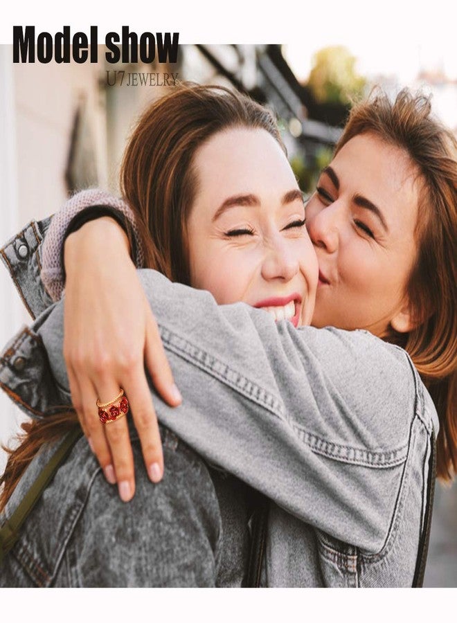 U7 Red Ring for Women, Resizable Gold Plated 3-Row Band Statement Ring for Cocktail Party Ring Rose Flower Jewelry - Image 5