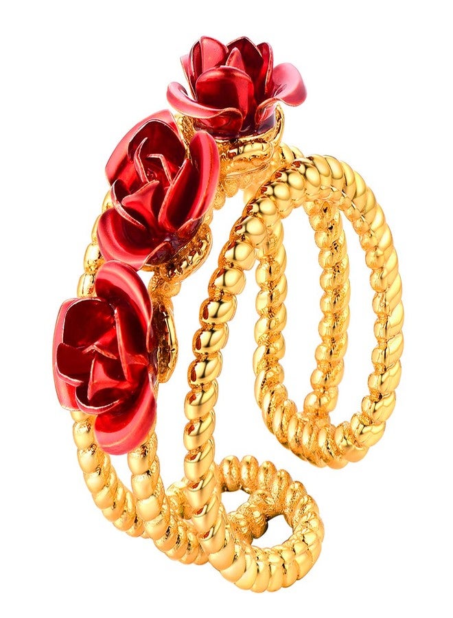 U7 Red Ring for Women, Resizable Gold Plated 3-Row Band Statement Ring for Cocktail Party Ring Rose Flower Jewelry - Image 1
