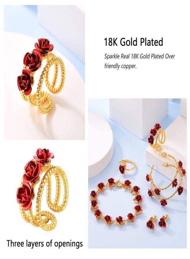 U7 Red Ring for Women, Resizable Gold Plated 3-Row Band Statement Ring for Cocktail Party Ring Rose Flower Jewelry - Image 4