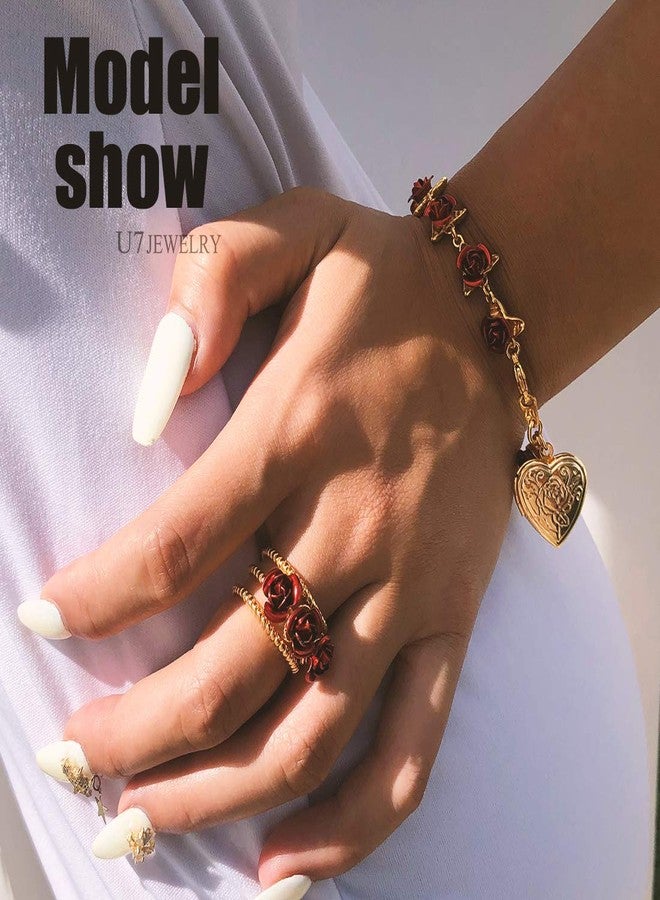U7 Red Ring for Women, Resizable Gold Plated 3-Row Band Statement Ring for Cocktail Party Ring Rose Flower Jewelry - Image 2