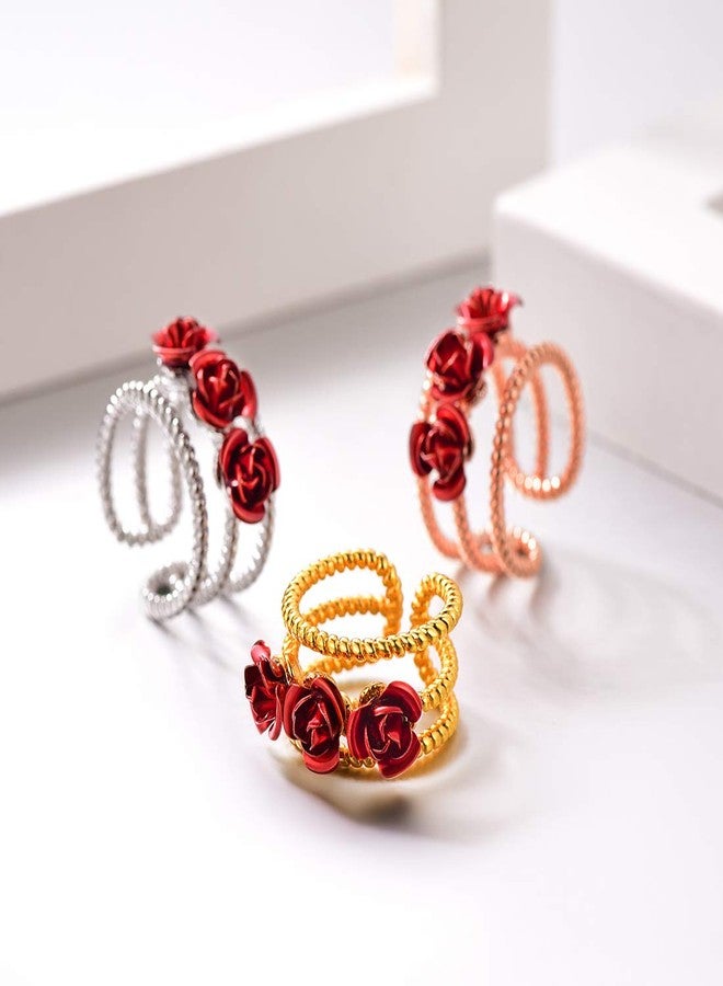 U7 Red Ring for Women, Resizable Gold Plated 3-Row Band Statement Ring for Cocktail Party Ring Rose Flower Jewelry - Image 3