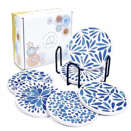 AD Set of 6 Coasters for Drinks Absorbing Round Ceramic Stone Coaster with Cork Base,Tabletop Protection Mat for Mugs and Cups,Office,Kitchen (Indigo Blue with Holder) - Image 1