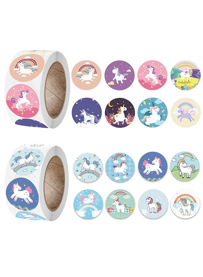 Peachjoy 1000 Pieces Unicorn Sticker,1 inch Self Adhesive Cute Unicorn Label Stickers DIY Stickers for School Craft Birthday Party Crafts Gift Decorations Stickers 2 Roll 16 Designs - Image 1