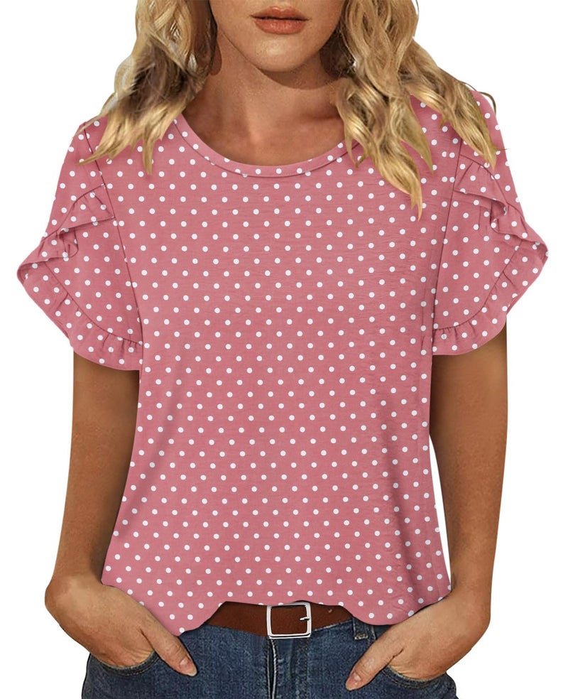 CRAZY GRID Blouses for Women Dressy Casual Short Puff Sleeve Crew Neck Shirts Clothes Fashion Polka Dot Summer Tee Top - Image 4