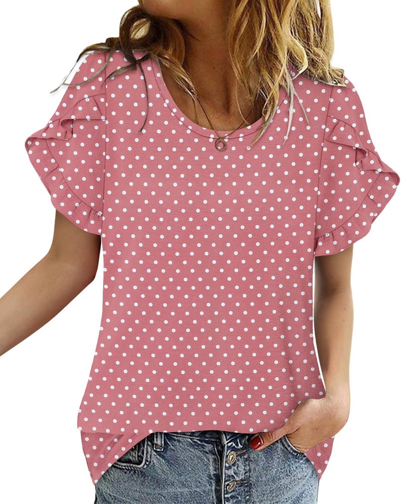 CRAZY GRID Blouses for Women Dressy Casual Short Puff Sleeve Crew Neck Shirts Clothes Fashion Polka Dot Summer Tee Top - Image 1