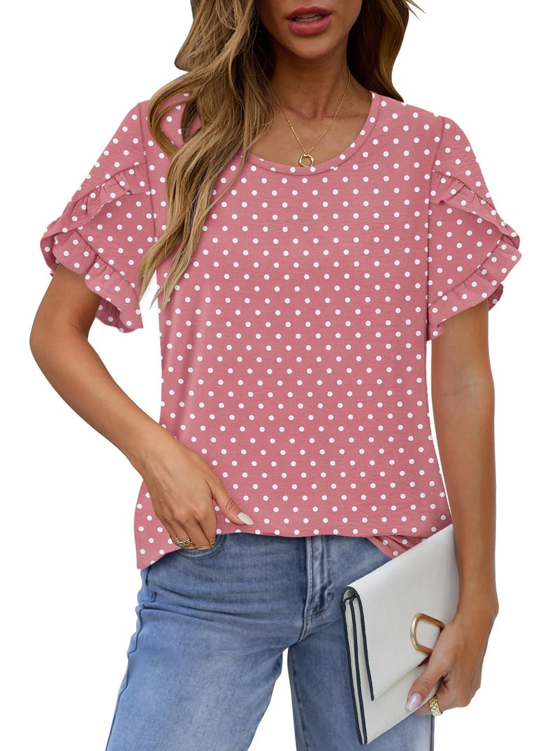 CRAZY GRID Blouses for Women Dressy Casual Short Puff Sleeve Crew Neck Shirts Clothes Fashion Polka Dot Summer Tee Top - Image 2