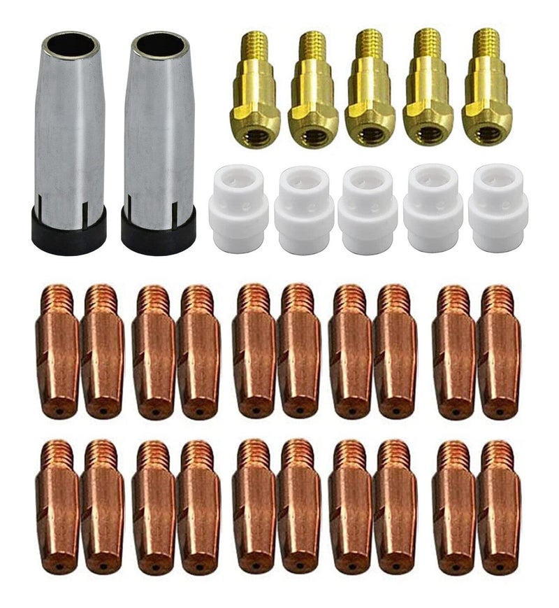 RIVERWELD MIG MAG Contact Tips M6 .035" 0.9mm 140.0169 Conical Cups Gas Nozzle 145.0080 Contact Tip Holder 142.0003 Gas Diffuser Ceramic 012.0183 for 24KD MB24 Co² Welding Torch 32pcs - Image 1