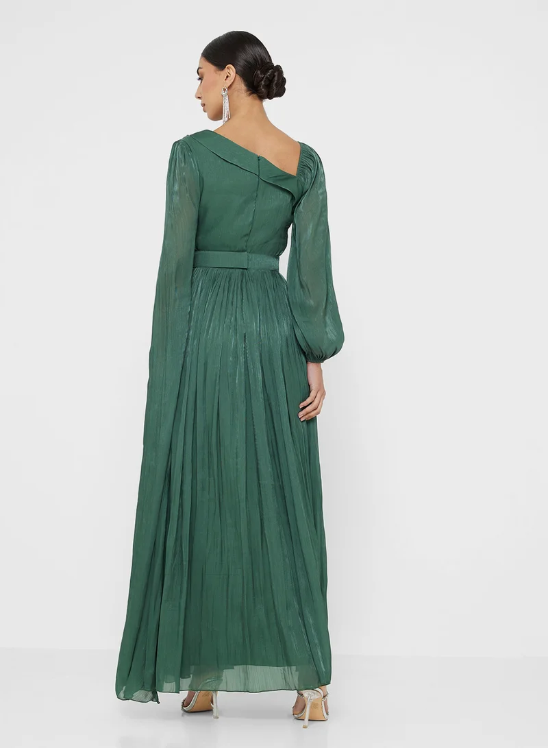 نمشي x Asymmetric Neck Drapped Dress With Trail