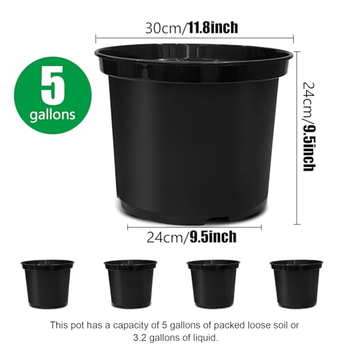RooTrimmer 5 Gallon 12 Inch Plastic Nursery Pots, Plant Containers with Drainage Holes, Round Sturdy Garden Planters for Indoor/Outdoor Greenery, Gardening Gifts for Women (5-Pack, Black) - Image 2