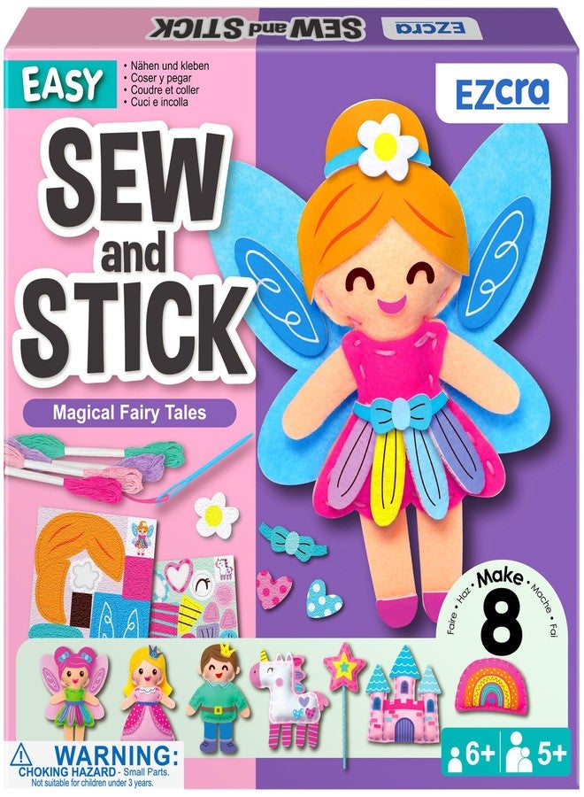مجموعة خياطة EZCRA Fairy للأطفال - مجموعة خياطة 8 في 1 للأطفال - مجموعات حرفية سهلة الاستخدام للأعمار من 4 إلى 8 سنوات - أشغال يدوية للخياطة - ملصقات لباد إضافية للتزيين - بدون فوضى مع تعليمات كاملة - Image 1