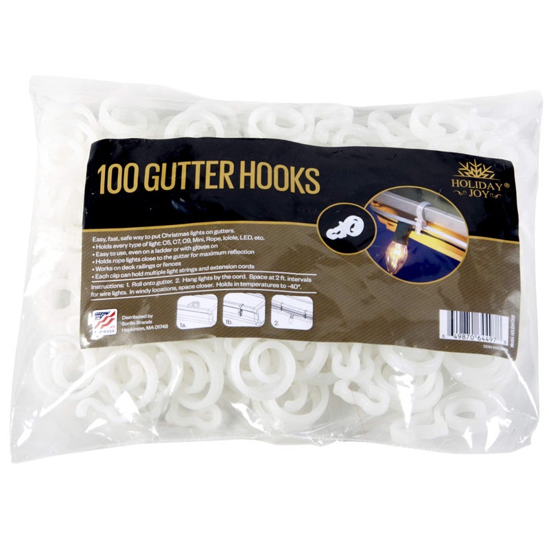 Holiday Joy Christmas Light Clips  Pack of 100 Gutter Hooks for Outdoor String Lights and Decorations  Holds C5 C7 C9 Mini Rope Icicle and LED Lighting