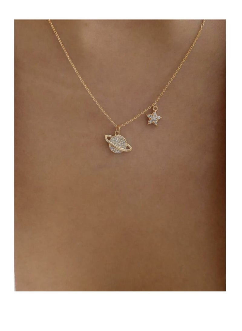 YUCCA Shiny Gold Plated Rhinestone Planet Pendant Necklace - Image 1