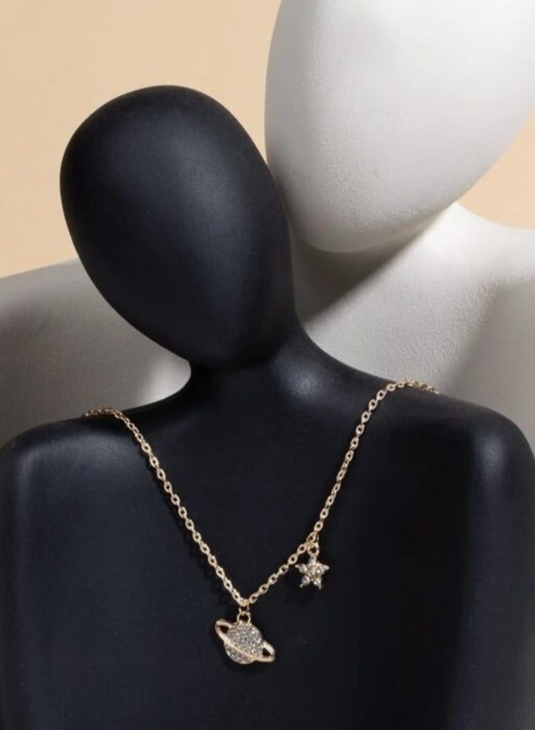 YUCCA Shiny Gold Plated Rhinestone Planet Pendant Necklace - Image 3