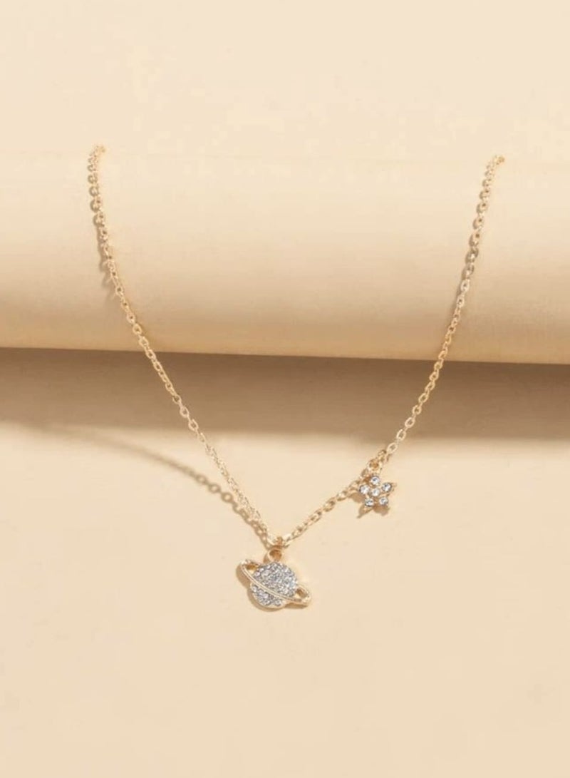 YUCCA Shiny Gold Plated Rhinestone Planet Pendant Necklace - Image 5