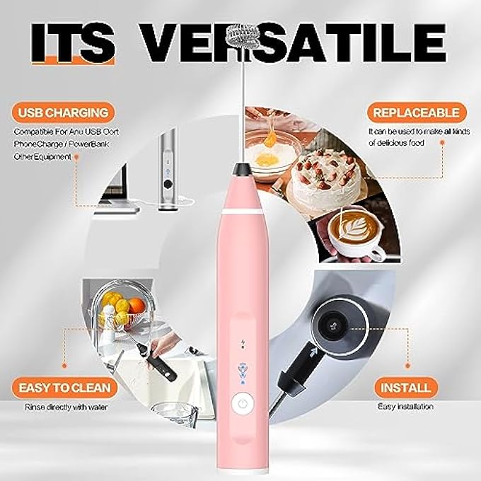 Laposso Milk Frother Rechargeable Handheld Electric Whisk Coffee Frother Mixer With 3 Stainless Whisks 3 Speed Adjustable Foam Maker Blender For Coffee Matcha Latte Cappuccino Hot ChocolatePink - Image 3
