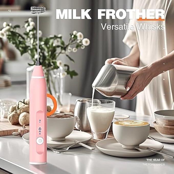 Laposso Milk Frother Rechargeable Handheld Electric Whisk Coffee Frother Mixer With 3 Stainless Whisks 3 Speed Adjustable Foam Maker Blender For Coffee Matcha Latte Cappuccino Hot ChocolatePink - Image 5