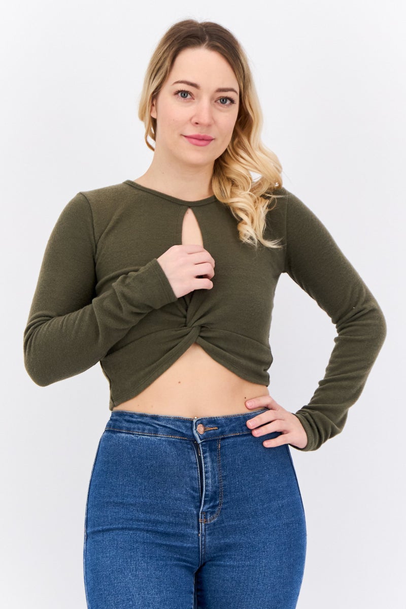 POOF Women Crew Neck Long Sleeves Plain Top, Dark Green - Image 1