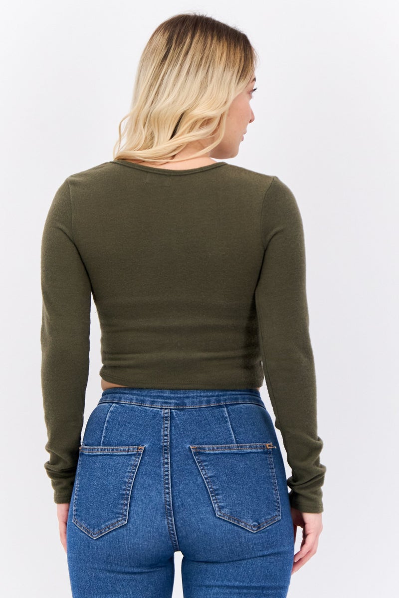 POOF Women Crew Neck Long Sleeves Plain Top, Dark Green - Image 3