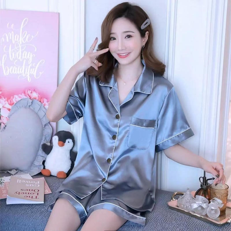 Packaging Plus Size Fat Code High-End Home Clothes Ice Silk Couple Pajamas Summer Short-Sleeved Thin Silk-Like Suit - Image 1