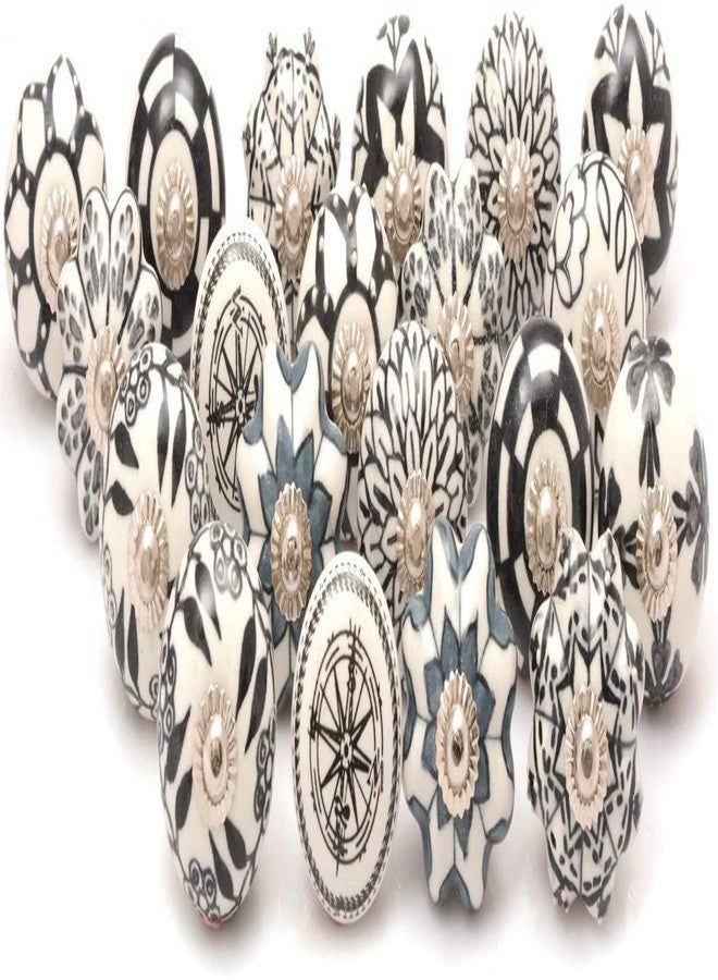 SHRIYAM CRAFT SHRIYAM Ceramic Vintage Assorted Colourful Pottery Drawer Handle Door Knobs and Pulls for Kitchen Cabinets Home Interior Décor Hardware (D-1.7" x H-2.5" ) (6, Black & White) - Pack of 6 - Image 1