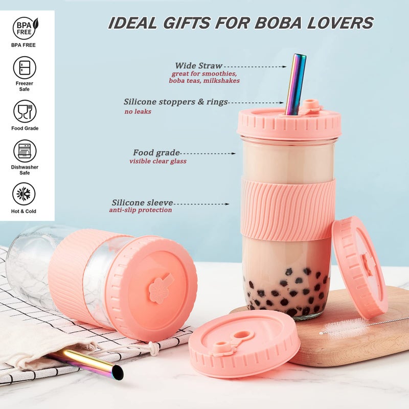 Amyoole 2 Pack Reusable Boba Cup, 24Oz Wide Mouth Smoothie Cup,mason Jar Glass Cups with Lids and Straws,Bubble/Boba Tea Cups,Ice Coffee Tumbler 2 colored straws 1 sponge brush(Pink) - Image 4