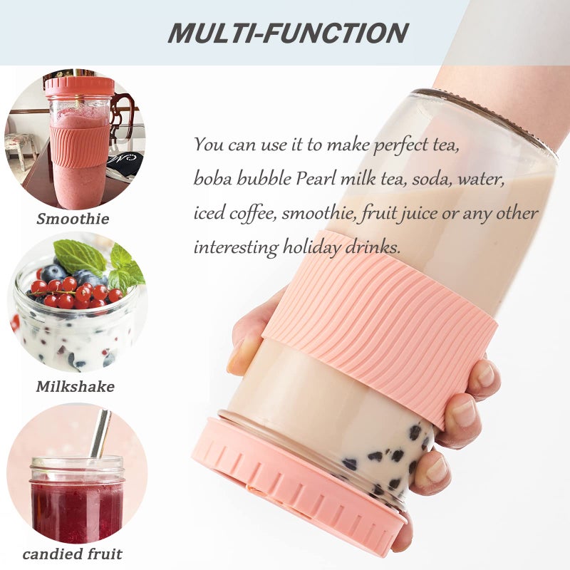Amyoole 2 Pack Reusable Boba Cup, 24Oz Wide Mouth Smoothie Cup,mason Jar Glass Cups with Lids and Straws,Bubble/Boba Tea Cups,Ice Coffee Tumbler 2 colored straws 1 sponge brush(Pink) - Image 3
