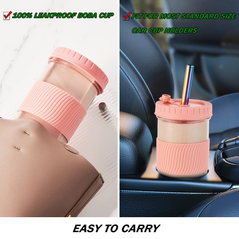 Amyoole 2 Pack Reusable Boba Cup, 24Oz Wide Mouth Smoothie Cup,mason Jar Glass Cups with Lids and Straws,Bubble/Boba Tea Cups,Ice Coffee Tumbler 2 colored straws 1 sponge brush(Pink) - Image 5