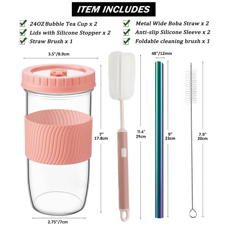 Amyoole 2 Pack Reusable Boba Cup, 24Oz Wide Mouth Smoothie Cup,mason Jar Glass Cups with Lids and Straws,Bubble/Boba Tea Cups,Ice Coffee Tumbler 2 colored straws 1 sponge brush(Pink) - Image 2