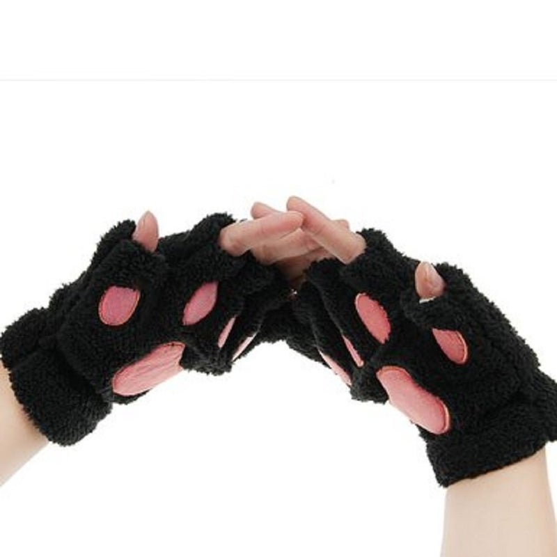 Himine Cat Claw Bear Paw Fingerless Winter Plush Gloves 1*Pair(Black) - Image 2