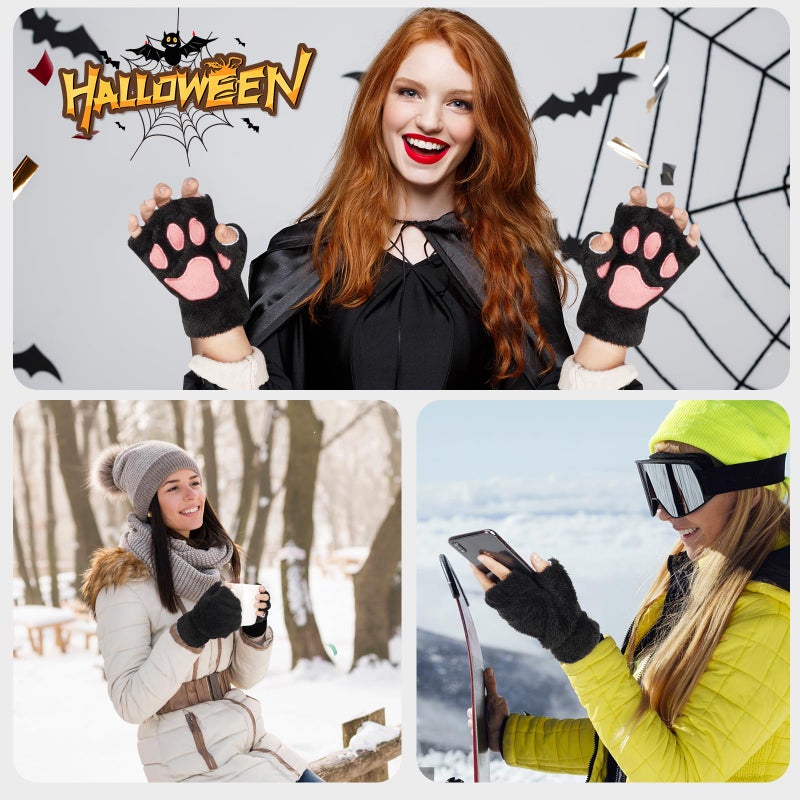 Himine Cat Claw Bear Paw Fingerless Winter Plush Gloves 1*Pair(Black) - Image 4