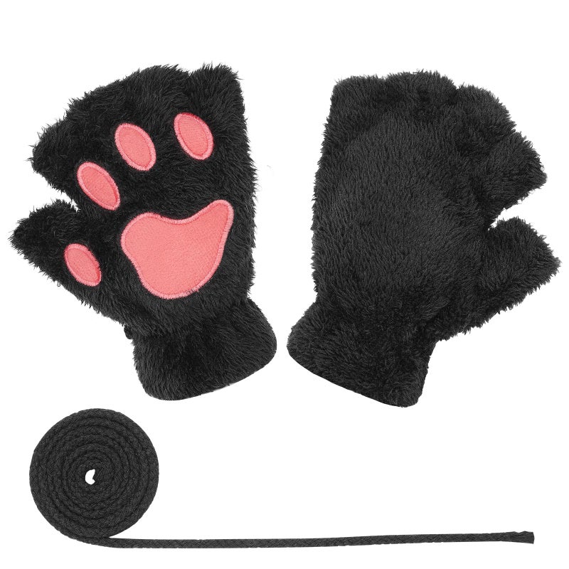 Himine Cat Claw Bear Paw Fingerless Winter Plush Gloves 1*Pair(Black) - Image 1