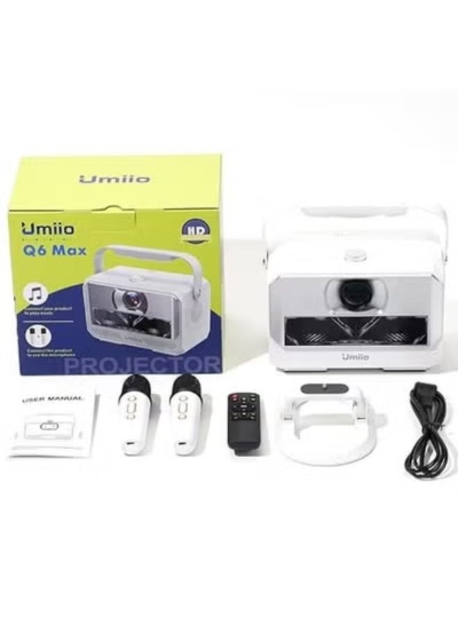 Umiio Q6 Max Smart Portable Projector – 200" Display, 4K HD Support, Android WiFi Bluetooth, Dual Wireless Karaoke Microphones, Auto Keystone, HDMI/USB Connectivity, Built-in Speakers – White - Image 4