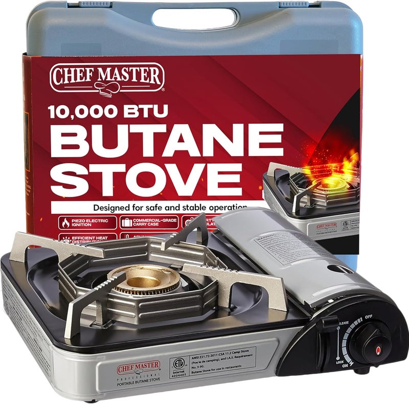 Chefmaster Chef-Master 90011 Butane Countertop Stove, 10 000 BTU Portable with Carry Case, High Performance, Piezo Ignition, Brass Burner, Safety Stop - Image 1