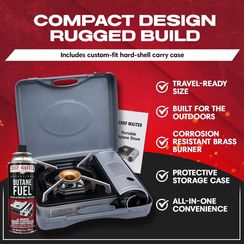 Chefmaster Chef-Master 90011 Butane Countertop Stove, 10 000 BTU Portable with Carry Case, High Performance, Piezo Ignition, Brass Burner, Safety Stop - Image 5