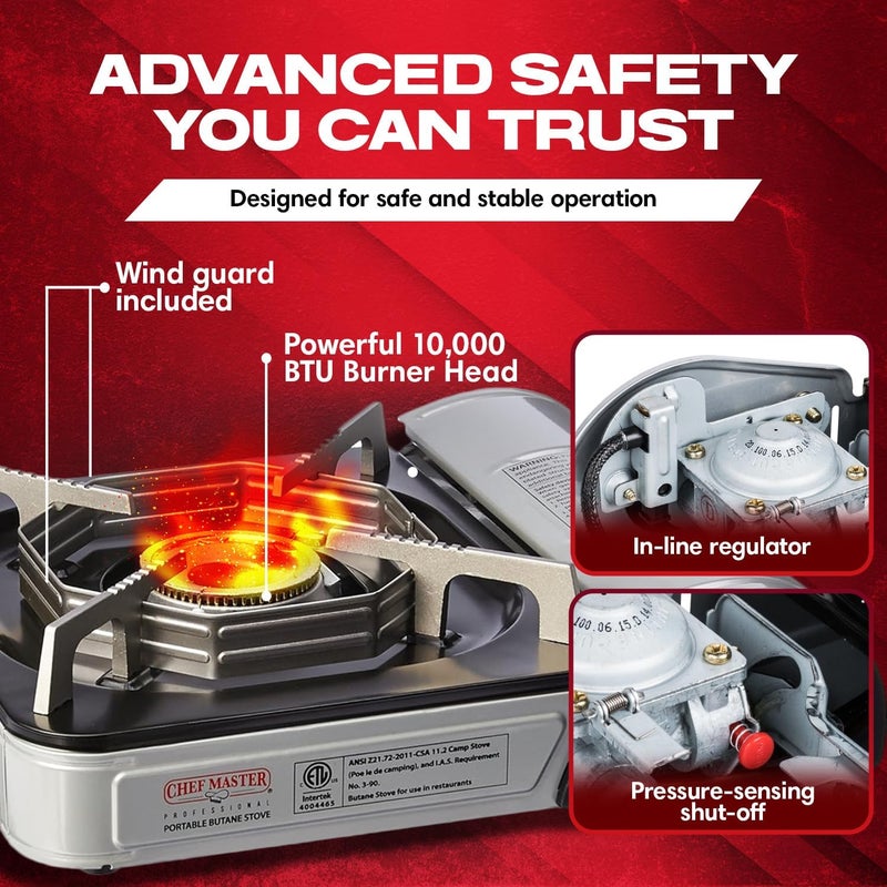 Chefmaster Chef-Master 90011 Butane Countertop Stove, 10 000 BTU Portable with Carry Case, High Performance, Piezo Ignition, Brass Burner, Safety Stop - Image 3
