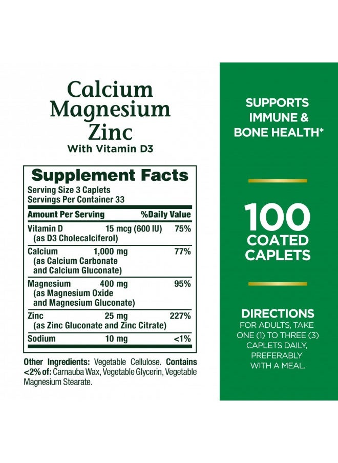NATURE'S BOUNTY - Nature's Bounty Calcium Magnesium & Zinc Caplets, Immune & Supporting Bone Health, 100 Count - Image 1