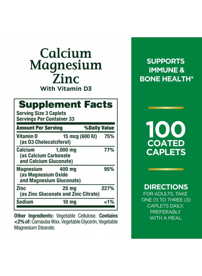 NATURE'S BOUNTY - Nature's Bounty Calcium Magnesium & Zinc Caplets, Immune & Supporting Bone Health, 100 Count - Image 1