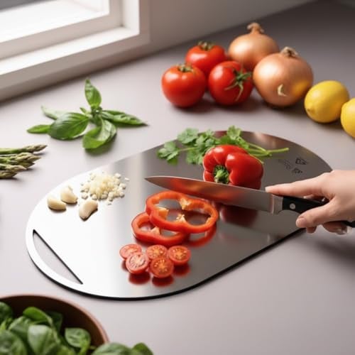 Rusabl Stainless Steel Chopping Board for Kitchen (Oval), Food Grade, BIS Certified, Anti-Rust, Non-Slip & Unbreakable Cutting Board for Slicing Fruits, Vegetables, Cutting & Kneading Dough - Image 1
