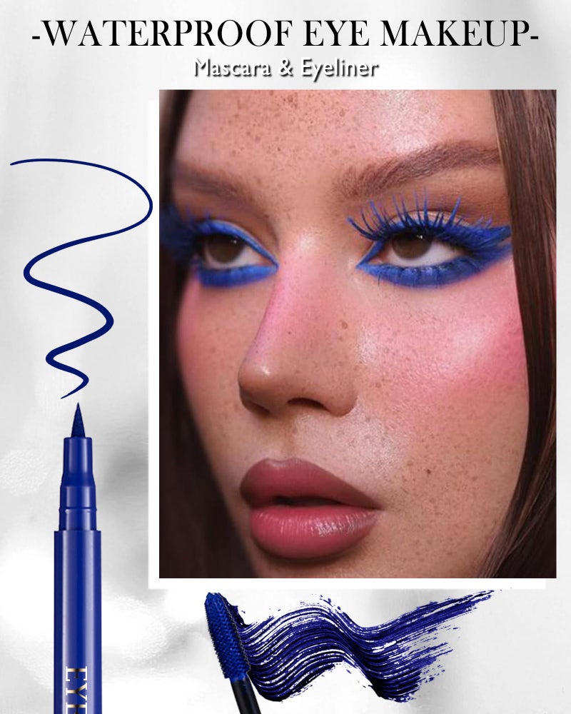 Lestpola Blue Waterproof Mascara & Eyeliner, 5D Silk Fiber Lash Extension Colored Tube Mascara Volume and Length,Long-Lasting Smudge-Proof Volumizing Colorful MÃ¡scara and Liquid Eyeliner Pen Set for Women - Image 2
