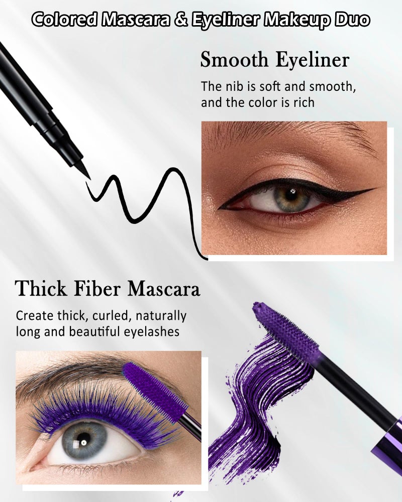 Lestpola Blue Waterproof Mascara & Eyeliner, 5D Silk Fiber Lash Extension Colored Tube Mascara Volume and Length,Long-Lasting Smudge-Proof Volumizing Colorful MÃ¡scara and Liquid Eyeliner Pen Set for Women - Image 3