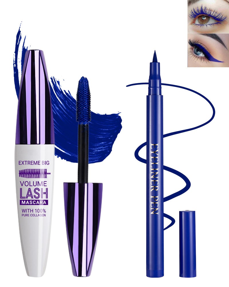 Lestpola Blue Waterproof Mascara & Eyeliner, 5D Silk Fiber Lash Extension Colored Tube Mascara Volume and Length,Long-Lasting Smudge-Proof Volumizing Colorful MÃ¡scara and Liquid Eyeliner Pen Set for Women - Image 1