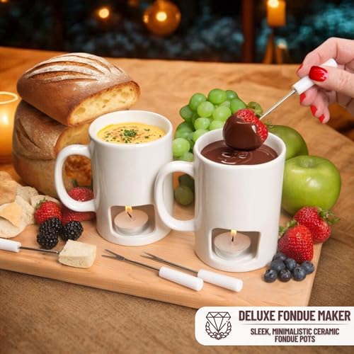 Evelots Fondue Pot Set for Chocolate, Cheese, Candy (2 Pack) Mini Ceramic Fondue Mugs Gift Set with 4 Forks & 8 Candles - Great for Date Night Birthday & Wedding Gifts - Image 2